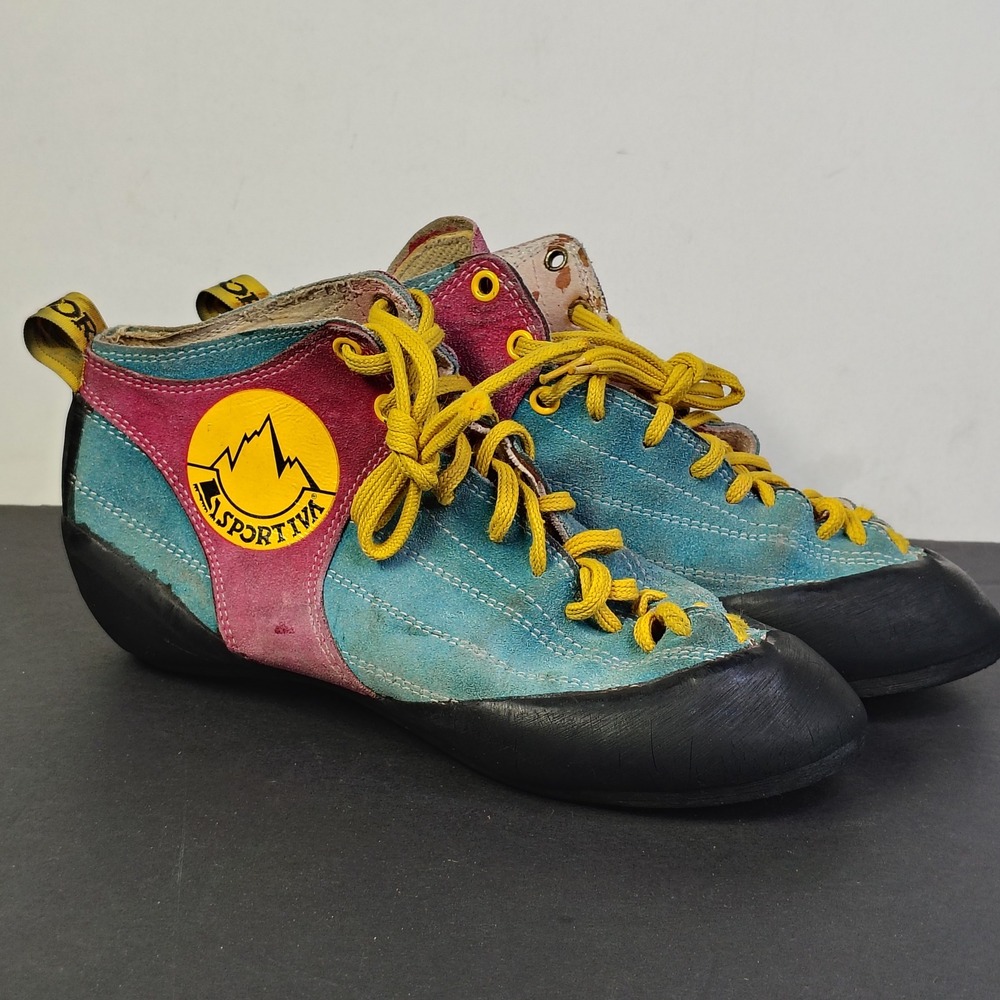 Vintage La Sportiva Unisex Climbing Shoes 41 Teal Pink Suede Retro Bouldering